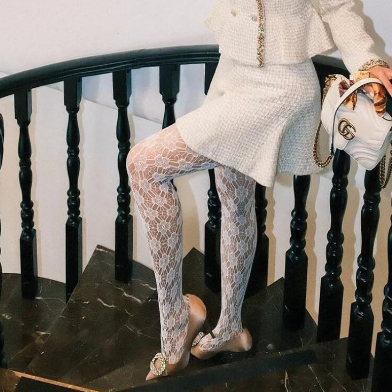 Harajuku Purple Hollowed Out Lace Mesh Pantyhose Summer Thin Floral Rattan Bottomed Stockings Sexy Women Tights Fashion Hosiery