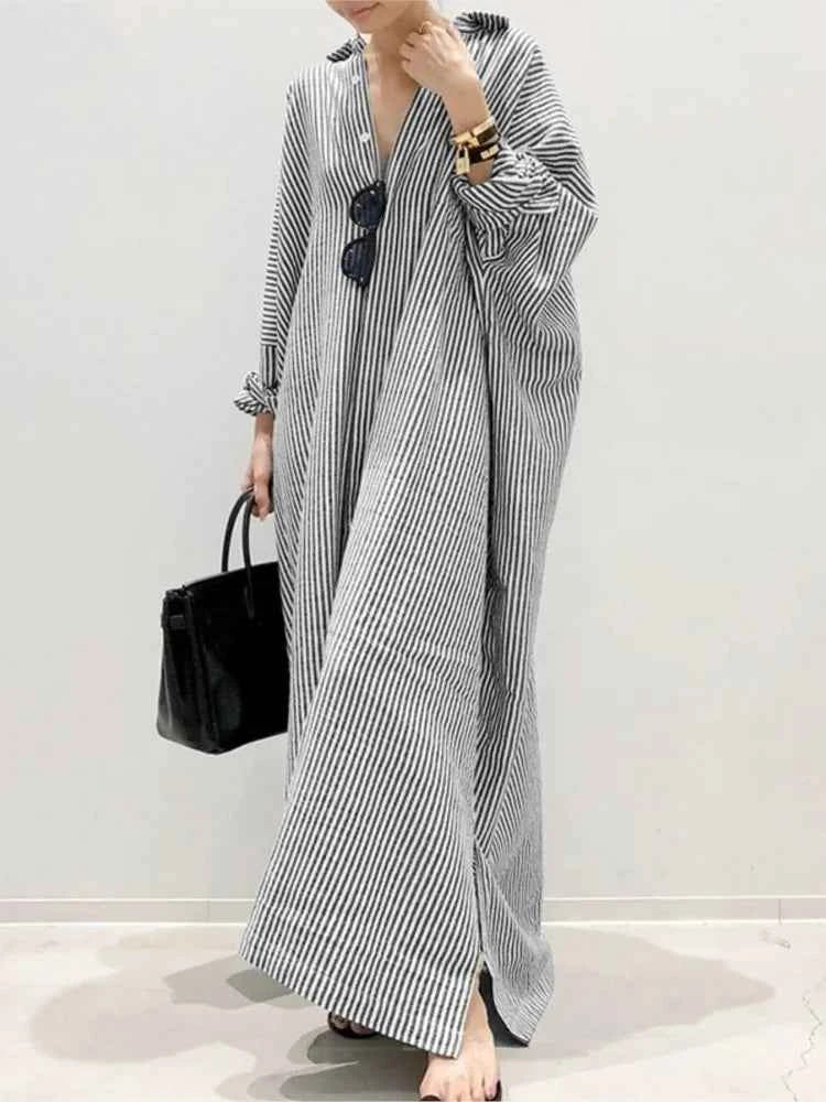 Casual Striped Loose Dresses For Women Fashion Long Sleeve Turn-down Collar Button Shirt Dress Lady Spring Autumn Clothes New