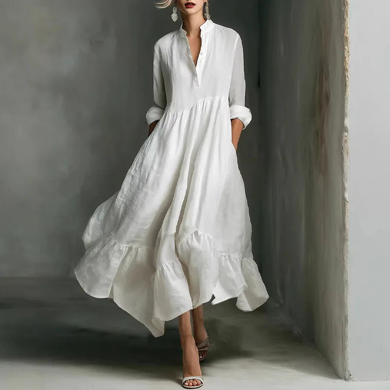 Women's Casual Dresses 2026 Spring Elegant V Neck High Waist A-Line Long Dress Retro Solid 3/4 Sleeve Ruffle Hem Boho Maxi Dress