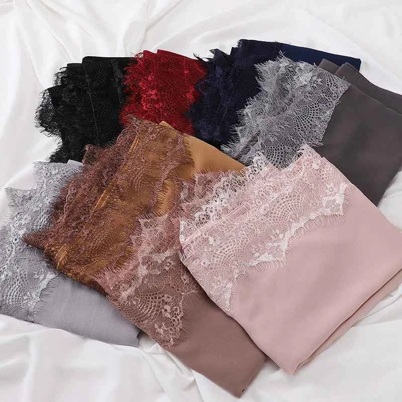 Muslim Soft Lace Hijab lslamic Plain Scarf Premium Chiffon Scarf Shawl Turban Headwraps Headband Foulard Wedding Style