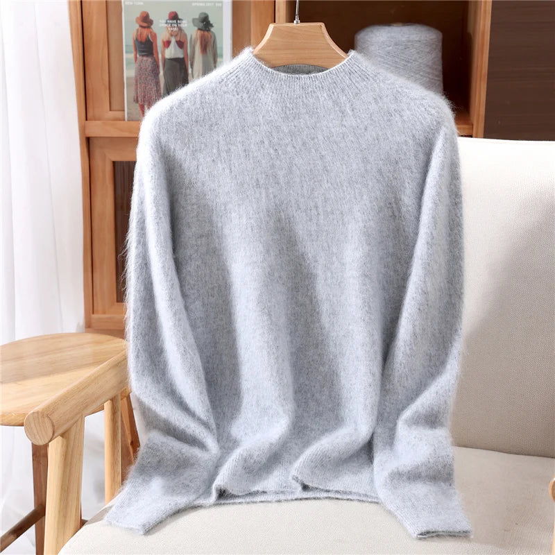 Autumn Winter New Mink Cashmere Sweater Women's Half-Height Color Matching Knitted Pullover Casual Padded Wool Bottoming Coat