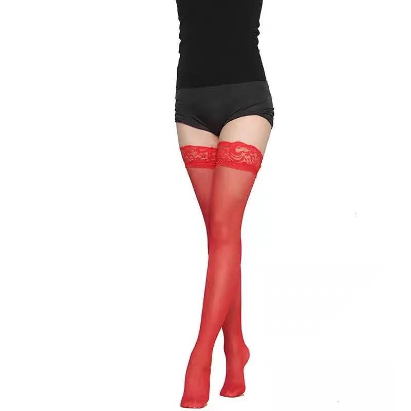 Lace Trim Thigh High Stockings — 1 Pair Smooth Over-Knee Socks