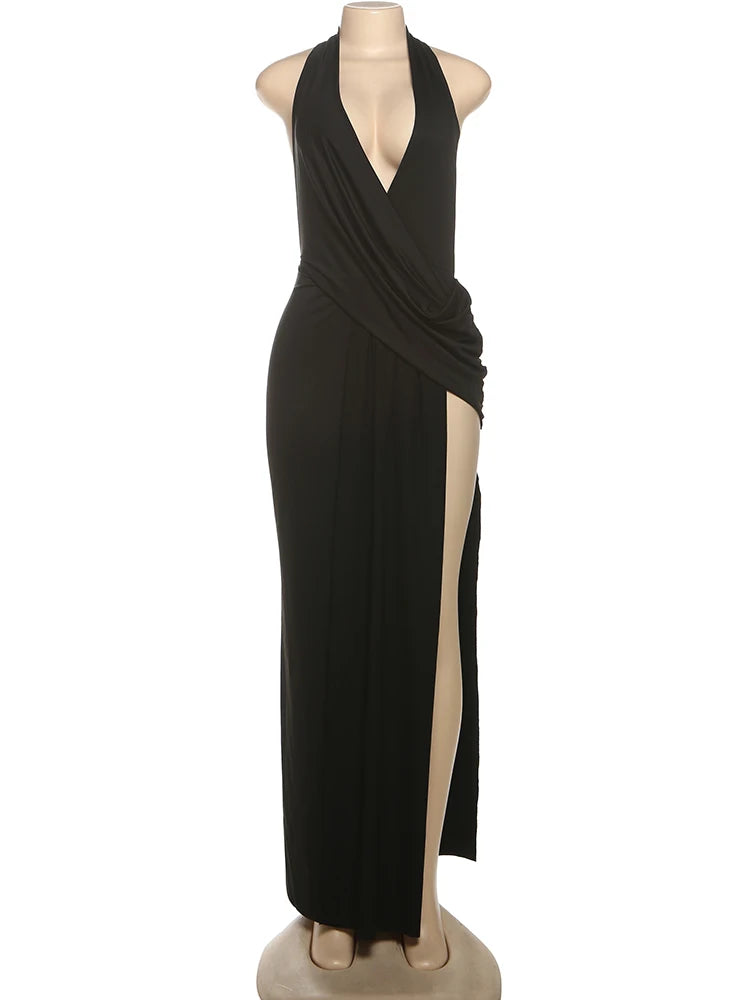 Weird Puss Sexy Backless Long Dress Women Halter Deep V-Neck Sleeveless High Splits Hem New Trend Pool Style Elegant Vestidos