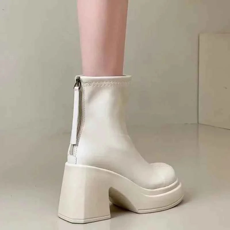 Booties Work Very High Heels Leather Female Short Shoes Combat Heeled Women's Ankle Boots Punk Style Boot Y2k Spring 2025 Autumn