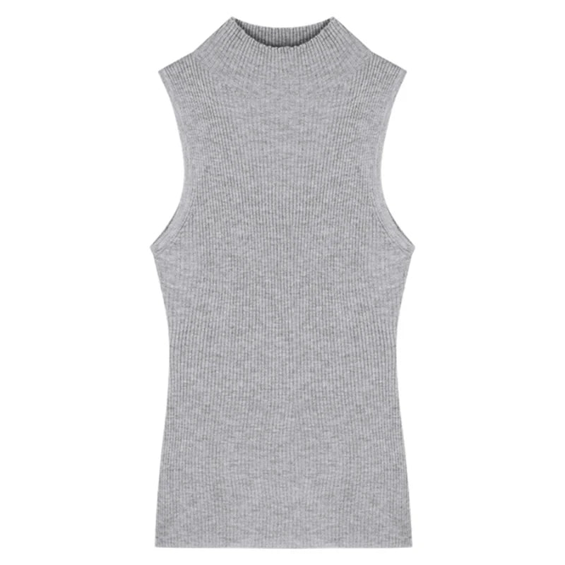 1PC Fashion Half Turtleneck Knitted Tank Top Summer Women Casual Solid Color Sleeveless Vest
