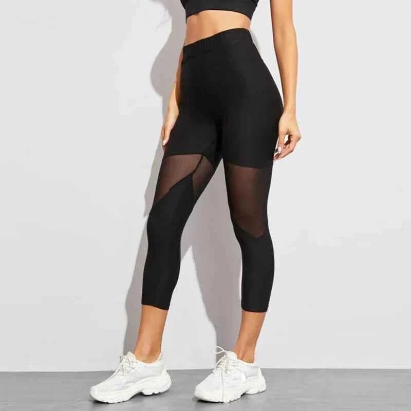Black Patchwork Mesh Leggings Women's Elastic Pant Capri Women Fitness Leggings