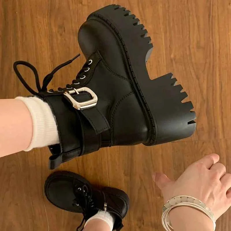 Black Thick Heel  Boots Women's British Style Spring Autumn New Fleece Lined Heightening Short Boots Warm round Toe