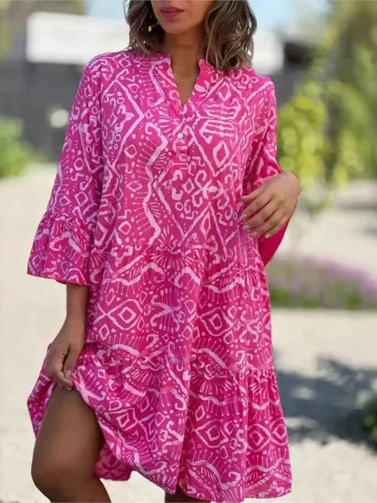 Women Casual Print Dress Fashion V Neck Pullover Loose Dresses Robe Femme Holiday Beach Dresses Lady Summer Womens Clothing New