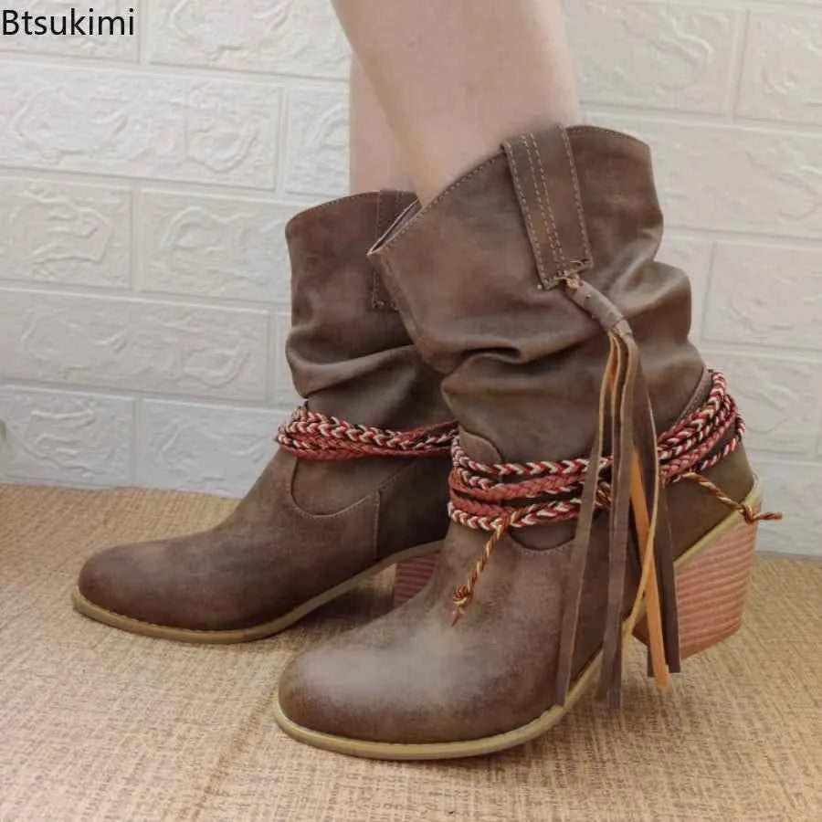 2026 Women's Brown Western Boots Autumn and Winter High Heels Short Boots Retro Pointed Toe Chunky Heels Ankel Boots for Women