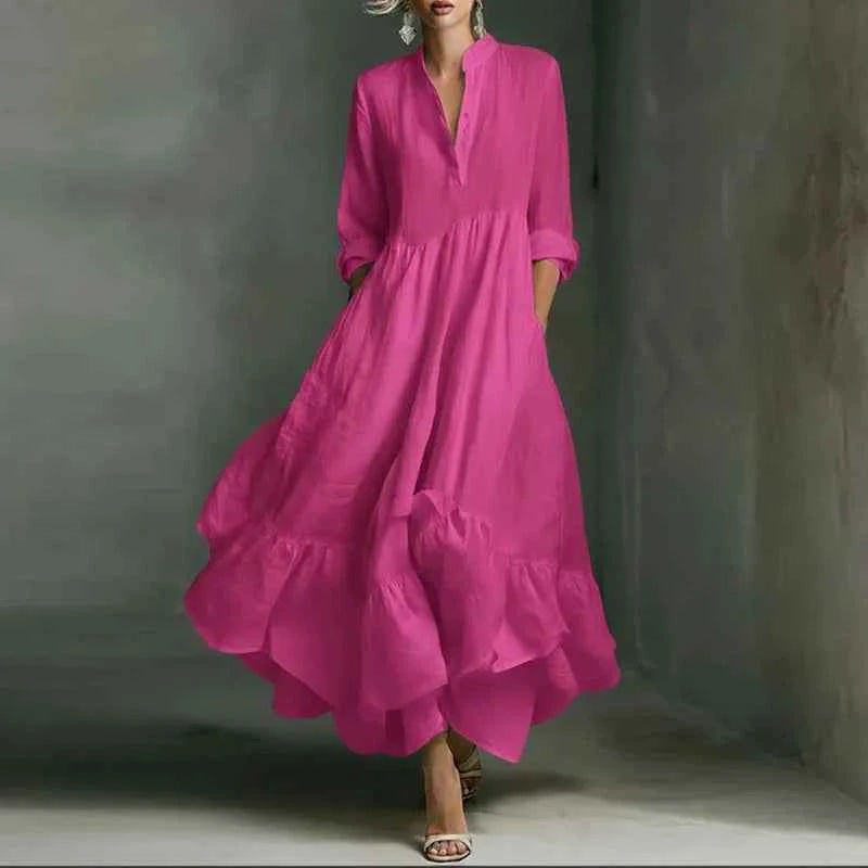 Women's Casual Dresses 2026 Spring Elegant V Neck High Waist A-Line Long Dress Retro Solid 3/4 Sleeve Ruffle Hem Boho Maxi Dress