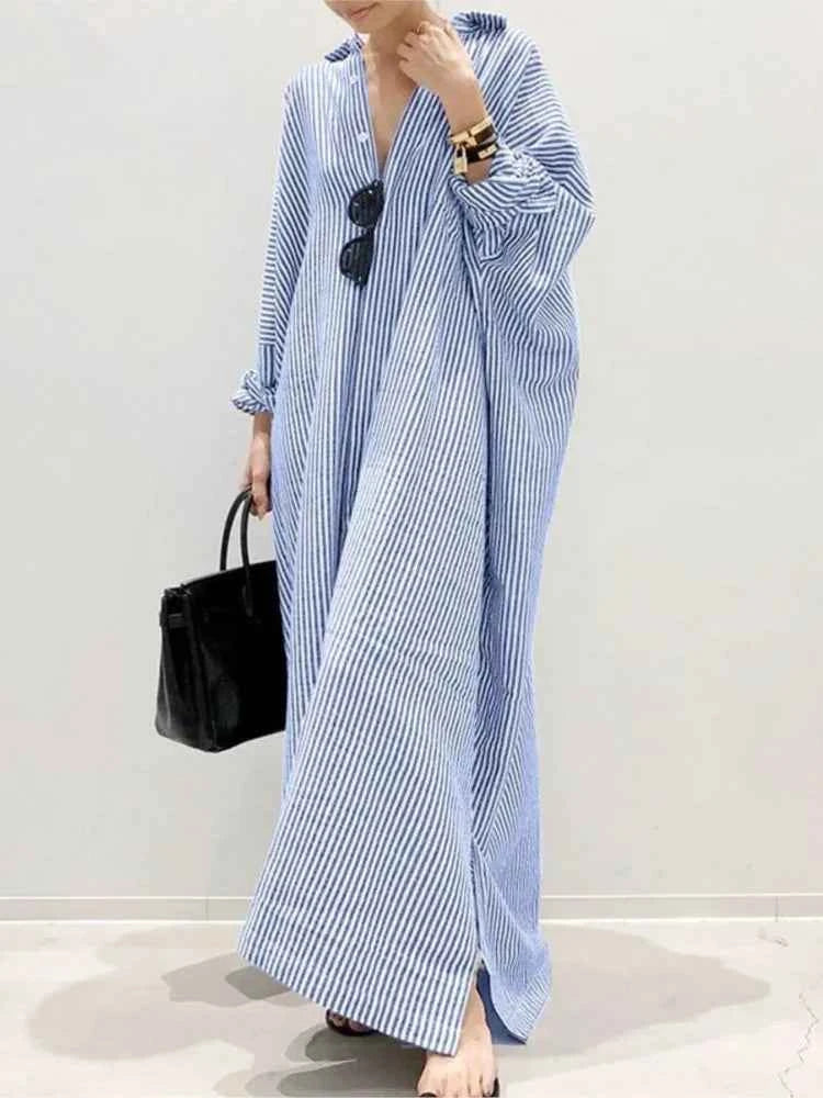 Casual Striped Loose Dresses For Women Fashion Long Sleeve Turn-down Collar Button Shirt Dress Lady Spring Autumn Clothes New