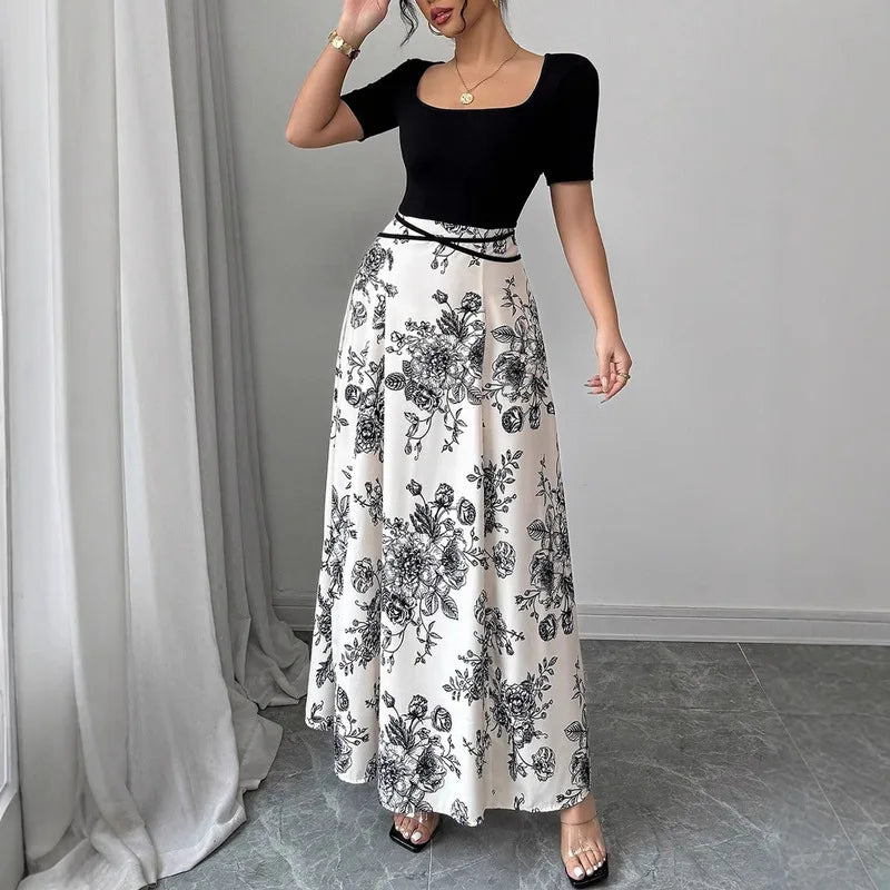 Womens Dresses Casual And Elegant Temperament Floral Print Short Sleeved Long Dress