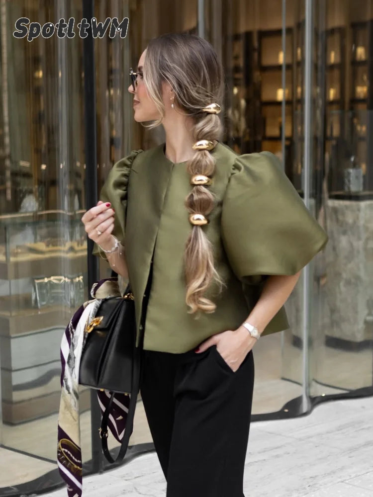 Spring Summer New Women's Fashion Casual Shirt Satin Bubble Sleeves Round Neck Loose Short Top Female Elegant Solid Blouses