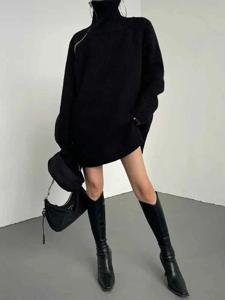Women's Turtleneck Zipper Oversize Fashion Women Sweaters 2026 Autumn Knitwears Loose Thick Warm High Neck Solid Pullovers Women