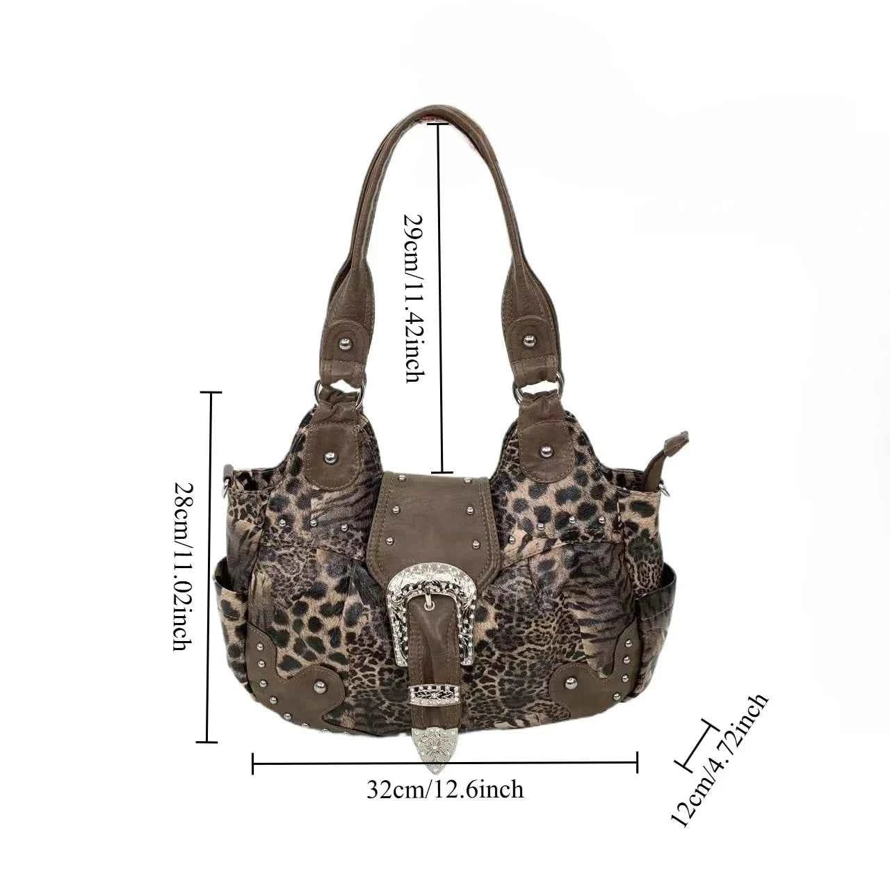 Y2K street personality spicy girl leopard print patchwork tote bag with multiple pockets and rivets retro crossbody handbag