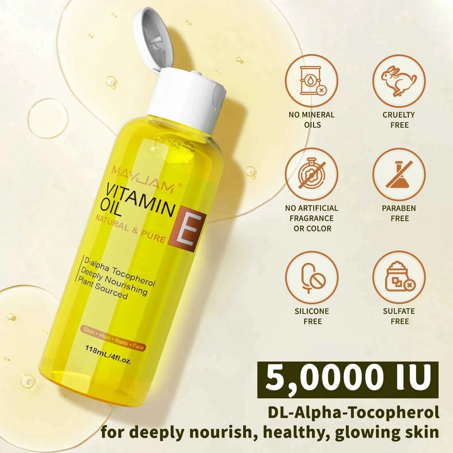 MAYJAM Natural & Pure Vitamin E Oil Skincare Moisturizing Brighten Skin Tone 118ml 236ml Face Care Oil