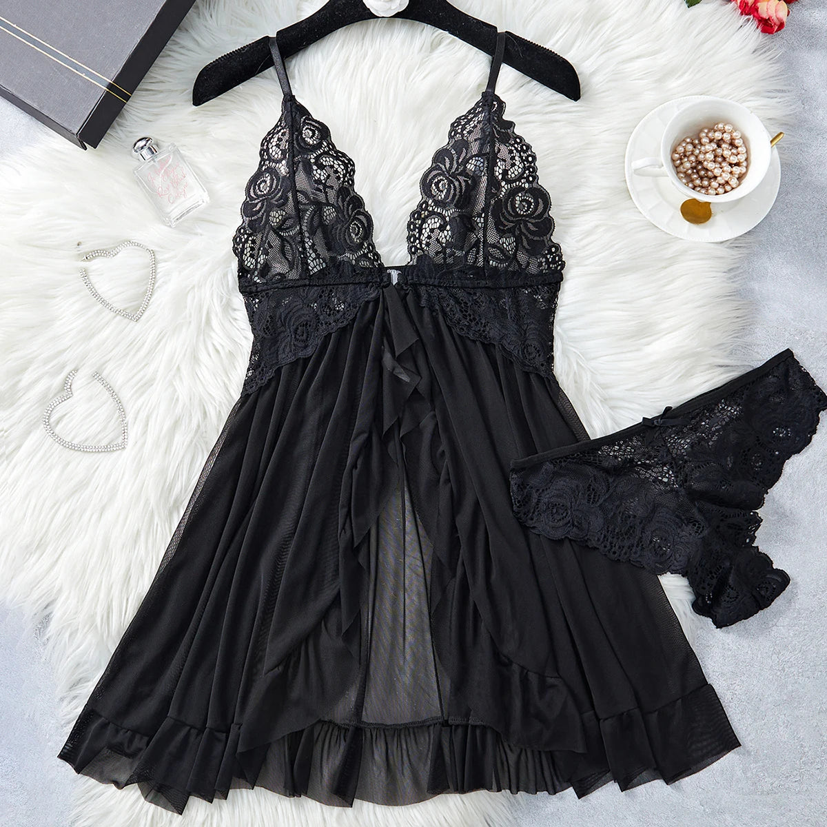 Transparent Blue Lingerie Women Underwear Sleepwear Lace Nightdress And Panties Pijamas Set Female Nighty