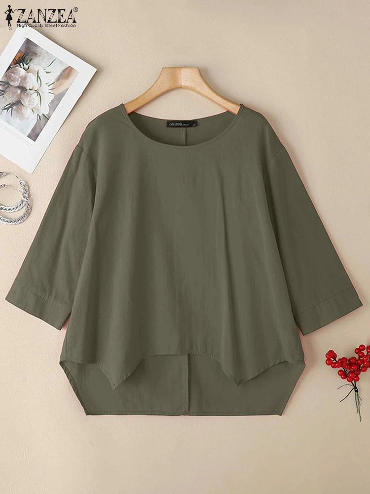 ZANZEA Woman Loose Asymmetrical Hem Blouses 2025 Autumn 3/4 Sleeve O-Neck High-Low Cotton Blusas Mujer Everyday Casual Tops