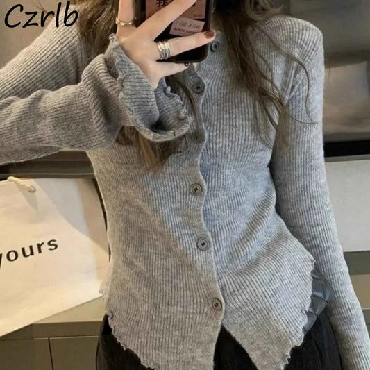 Irregular Knitting Cardigan Women Spring Autumn Flare Sleeve Ruched Solid Sweaters Design Flattering Waist Simple Commuting Chic