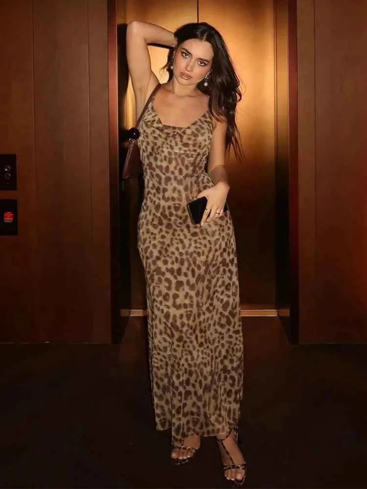 Mooyufon Leopard Print Dress Woman Summer Sexy Swing Collar Spaghetti Straps Backless Ruffles Party Clubwear Skinny Vestidos