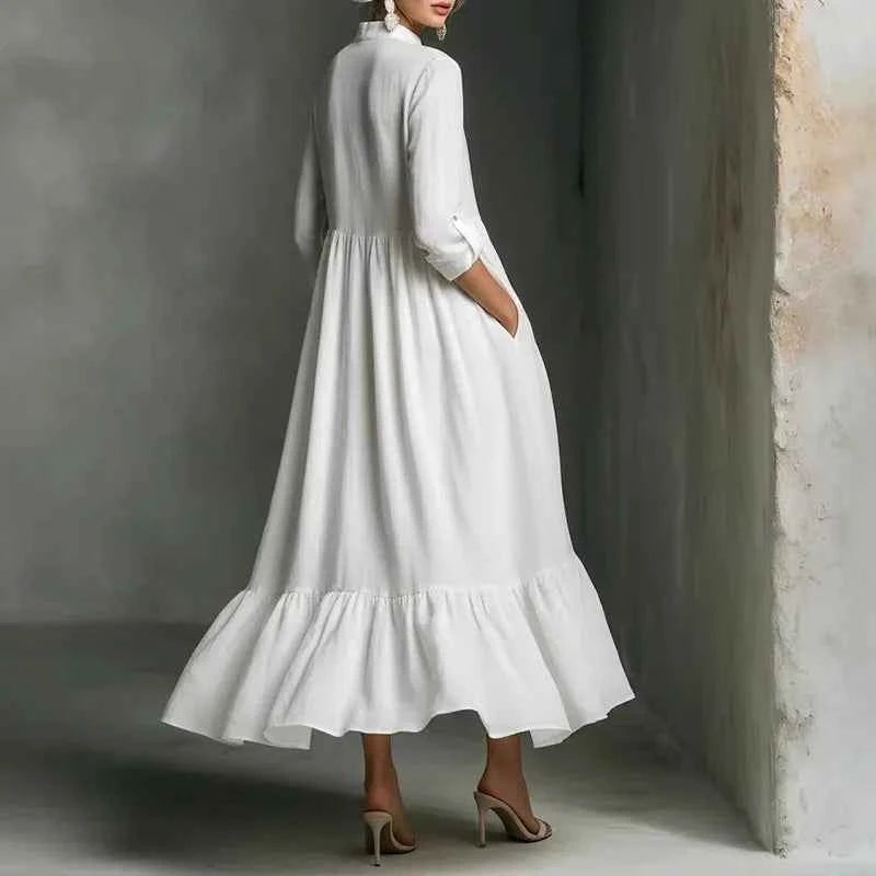 Women's Casual Dresses 2026 Spring Elegant V Neck High Waist A-Line Long Dress Retro Solid 3/4 Sleeve Ruffle Hem Boho Maxi Dress