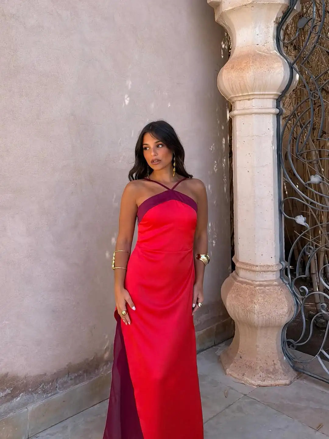  Women Sexy Color Blocking Halter Maxi Dresses Elegant Backless Off shoulder Sleeveless Slim Gowns 2026 New Lady Party Vestidos
