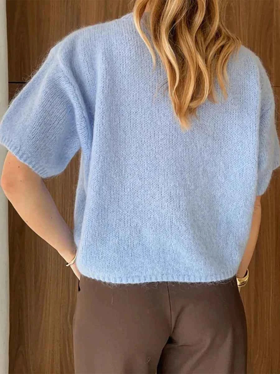 Women Spring Autumn Knit Sweaters Half Sleeve O Neck Solid Color Casual Knitwear jumper