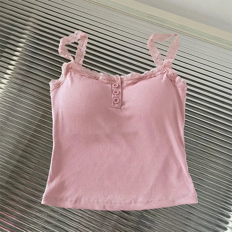 Women Summer 2025 Lace Fashion Tank Top Female Korean Style V Neck Sleeveless Sexy Blouse Cropped Knitwear