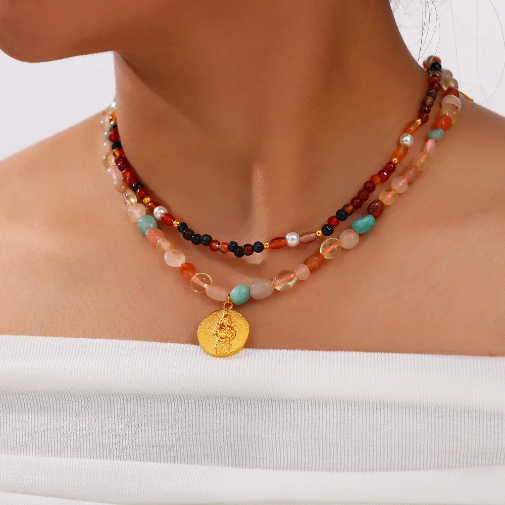 Necklace Set For Women Portrait Stainless Steel Colorful Nature Pearl Chain Beaded Luxury Jewelry Party Wedding Gift