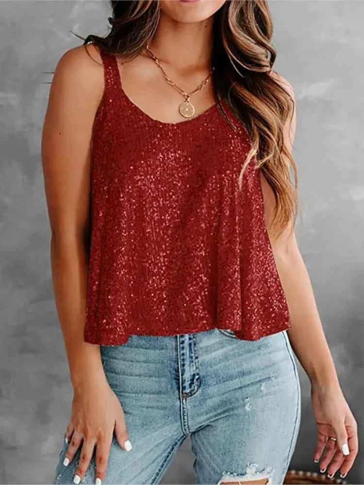2024 Spring Summer Women's New Sleeveless Glitter Vest Club Evening Party Women's Party Casual Sleeveless Top Strap Vest