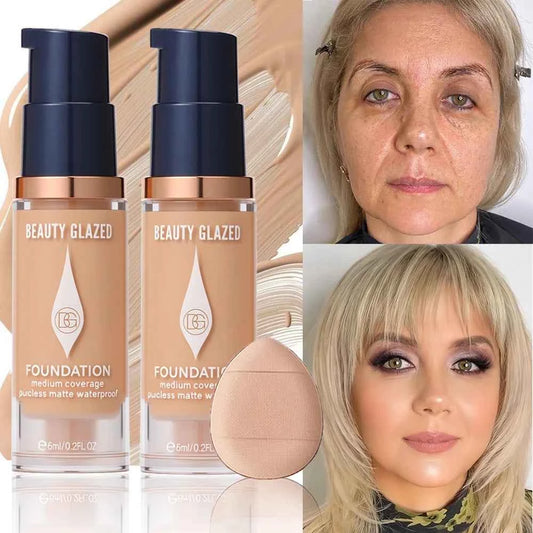 Face Foundation Makeup Set:2 Matte Foundation+1 Puff,Full Coverage,5 Shades,For All Skin Types,Long-Lasting Waterproof,Mini Size