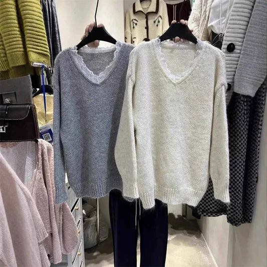 Spring Autumn Solid Women's Knitted Sweater V-Neck Patchwork Lace Collar Long Sleeved Pullover Casual Loose Tops Female Clothes