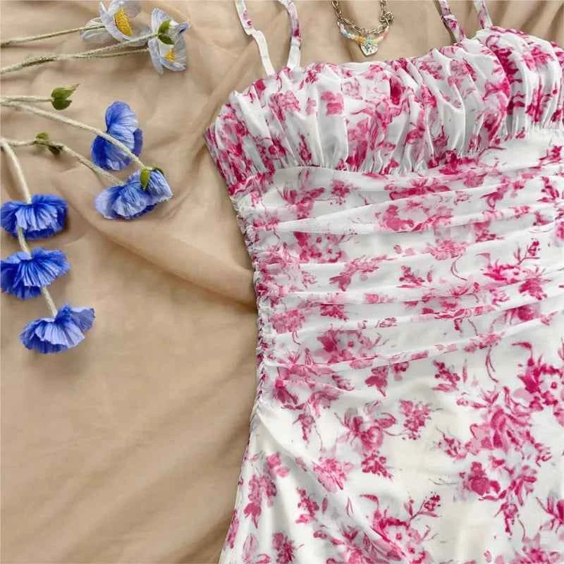 Summer Womens Fashionable Printed Sexy Pleated Dress 2025 Elegant Women's Vacation Style Backless Suspender Beach Mini Vestidos