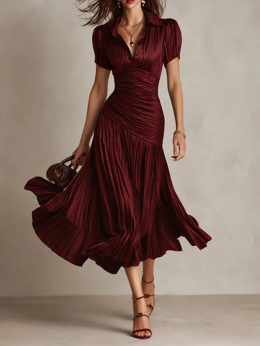 2026 New Summer Women's Striped High-waisted Shirt Dress Waist Slimming Short-sleeved Lapel A-line Skirt