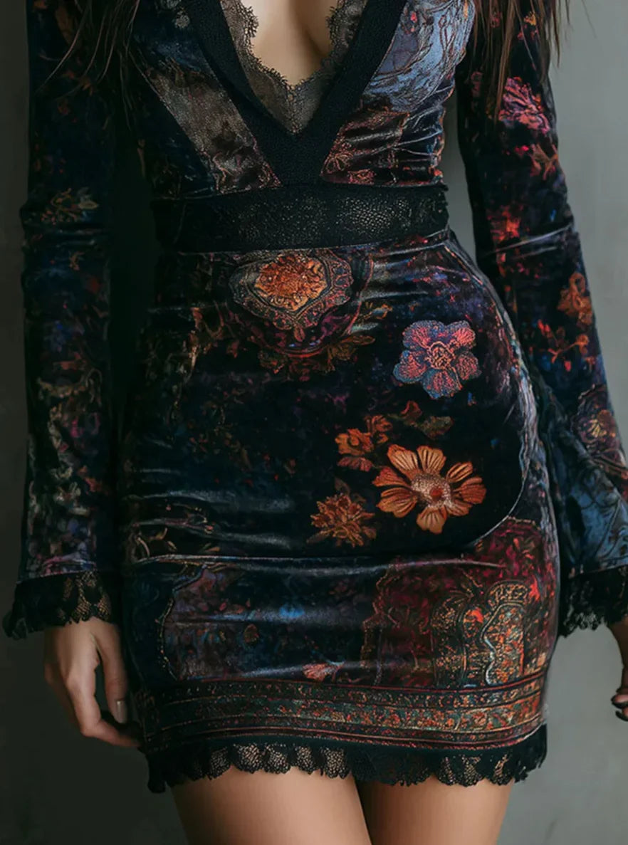Velvet Flroal Printed Lace Patchwork Slim Mini Dress Long Sleeve Sexy V-neck Gothic Retro Women's Autumn Vintage Dress 2025