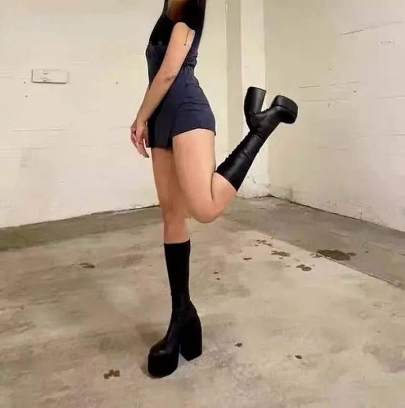 Boots for Women 2026 Knee High Shoes on Platform Heels Punk Style Autumn Winter Chunky Gothic Plus Size Sexy Pole Dance Luxury