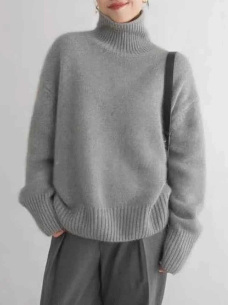 Autumn Winter New High Collar Cashmere Sweater Women Pure Color Cashmere Thick Knitted Pullover 2024 Loose Languid Sweater Tops