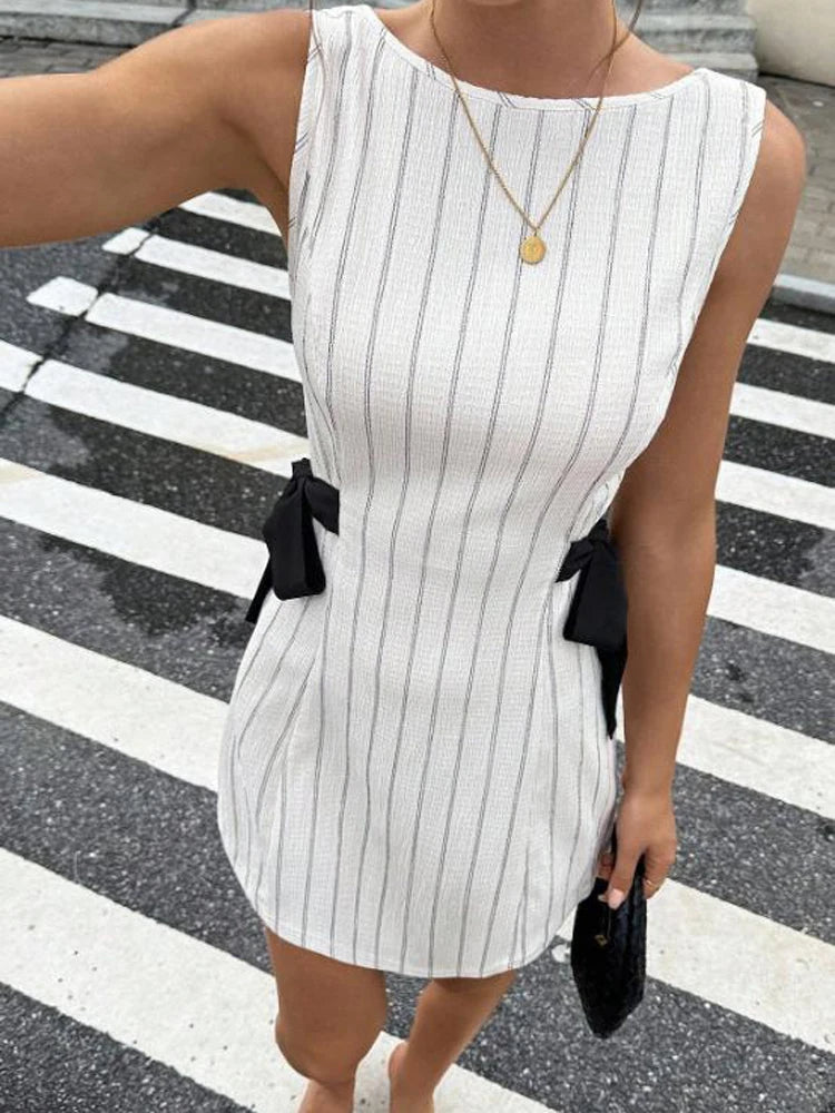 Casual Women White Thin Striped Side Bow Mini Dress Casual Sleeveless Bodycon Round Neck Dresses Summer Street Commute Gowns