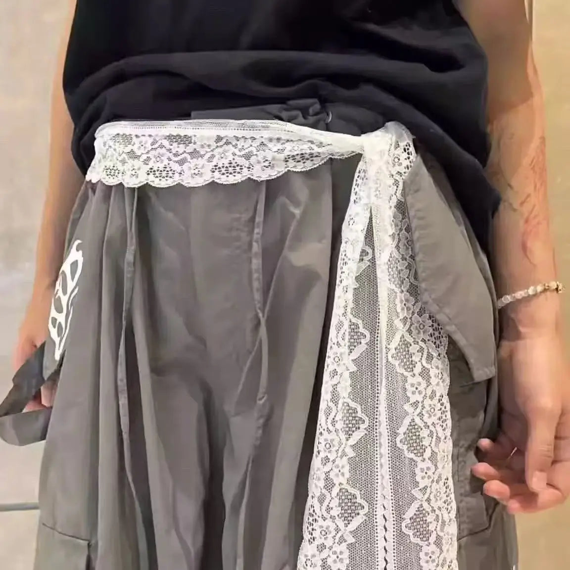 Hollow Out Irregular Lace Skirts Chic Lace-up Design Stacked Layered Feeling Mesh Apron Vintage Women Y2k White Jacquard