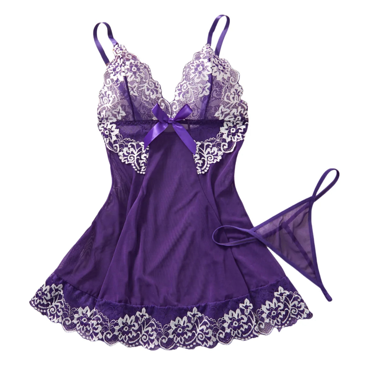 Elegant Lace See-Through Crotchless Dress Women's Sexy Lingerie Set Sensual Soft Sleepwear Pijamas Nighty