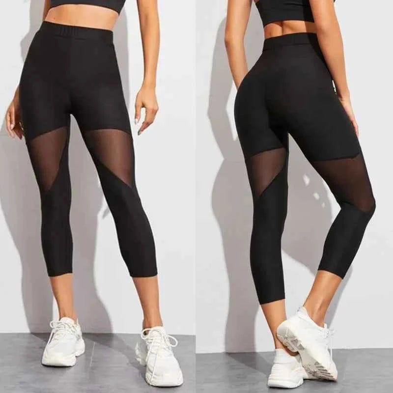 Black Patchwork Mesh Leggings Women's Elastic Pant Capri Women Fitness Leggings