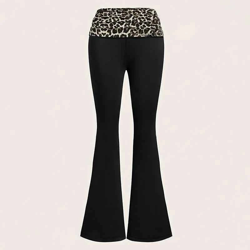 Fashion Leopard Patchwork Flared Leggings Women American Casual Sports Tights Woman Spring Autumn Thin Breathable Wide Leg Pants