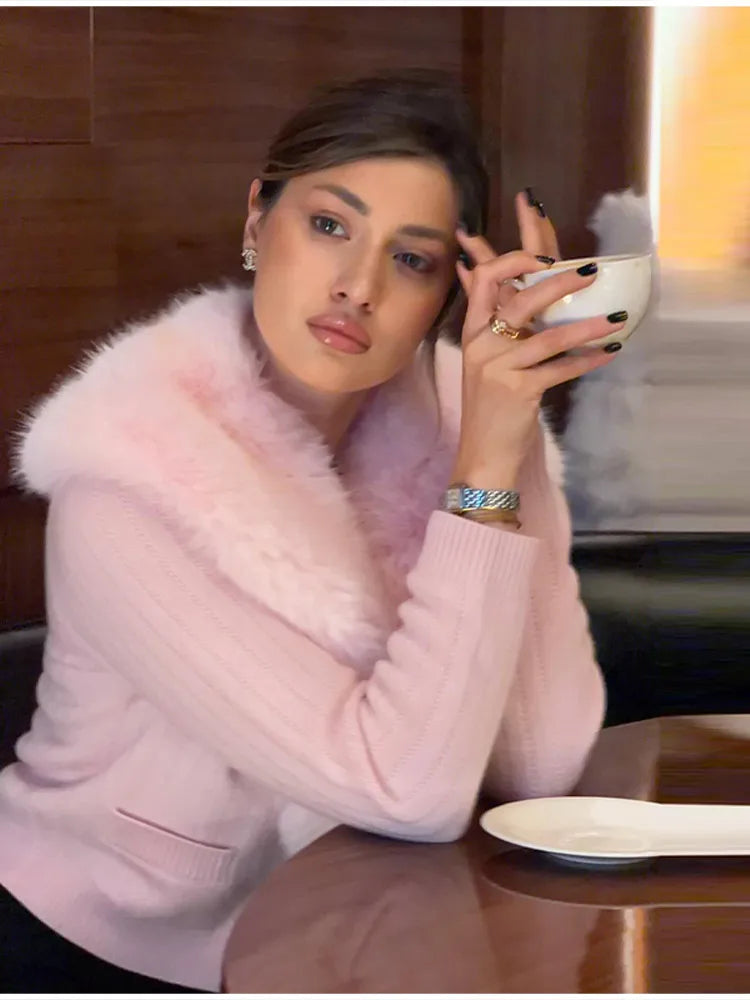 Cozy Stylish Jacket Pink Knit Classic Trend Luxe Lady Cardigans Urban Elegant Relaxed Daily Women's Casual-chic Outfit