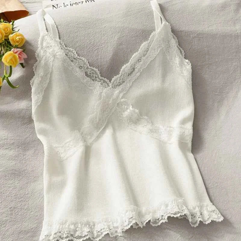 Women Summer 2025 Lace Fashion Tank Top Female Korean Style V Neck Sleeveless Sexy Blouse Cropped Knitwear