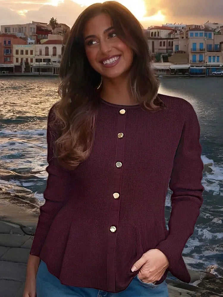 Women Elegant Solid Round Neck Pullover Lady Chic Full Sleeve Single Breasted Slim Knitted Sweater Women Commute Street Sweaters