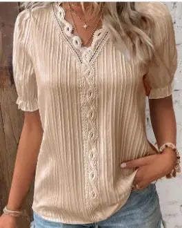 Women Fashion Solid Color Blouses Shirts Casual V-Neck Short Sleeve Elegant Blouses Tops Ladies Summer Classics Basic White Tops
