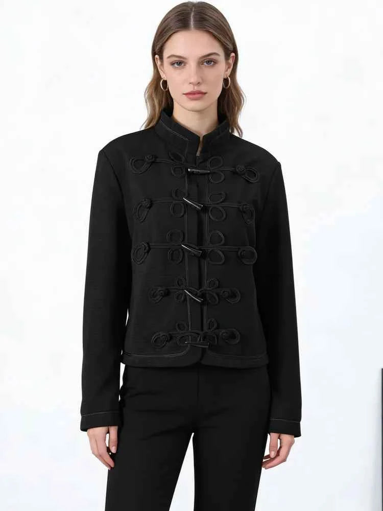 Retro Horn Button Black Jacket For Women Elegant Long Sleeve Stand Collar Coat 2026 Spring New Chic Lady Street Casual Outerwear