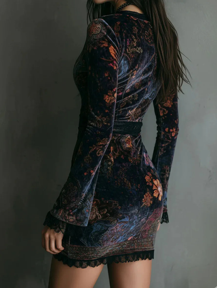 Velvet Flroal Printed Lace Patchwork Slim Mini Dress Long Sleeve Sexy V-neck Gothic Retro Women's Autumn Vintage Dress 2025