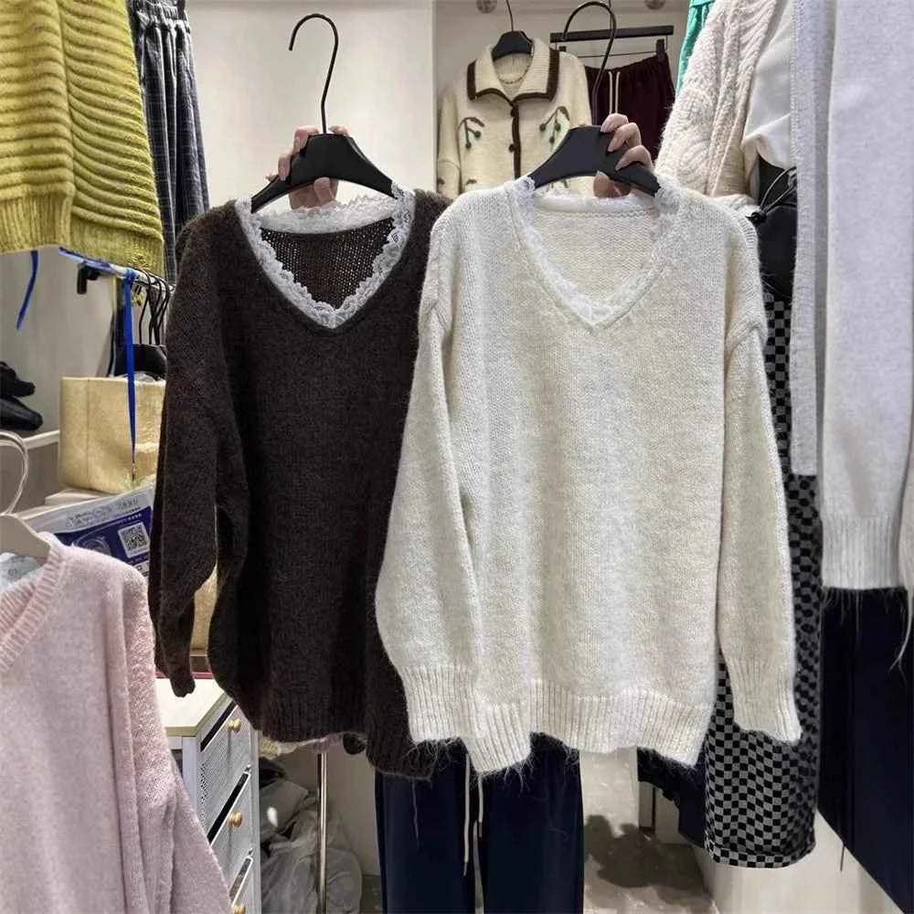 Spring Autumn Solid Women's Knitted Sweater V-Neck Patchwork Lace Collar Long Sleeved Pullover Casual Loose Tops Female Clothes