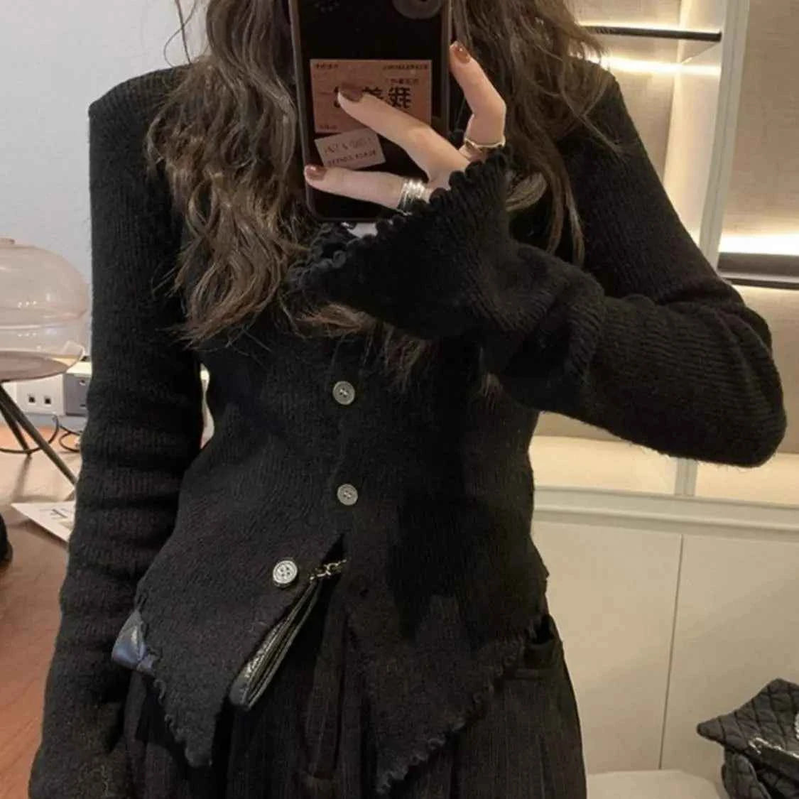 Irregular Knitting Cardigan Women Spring Autumn Flare Sleeve Ruched Solid Sweaters Design Flattering Waist Simple Commuting Chic